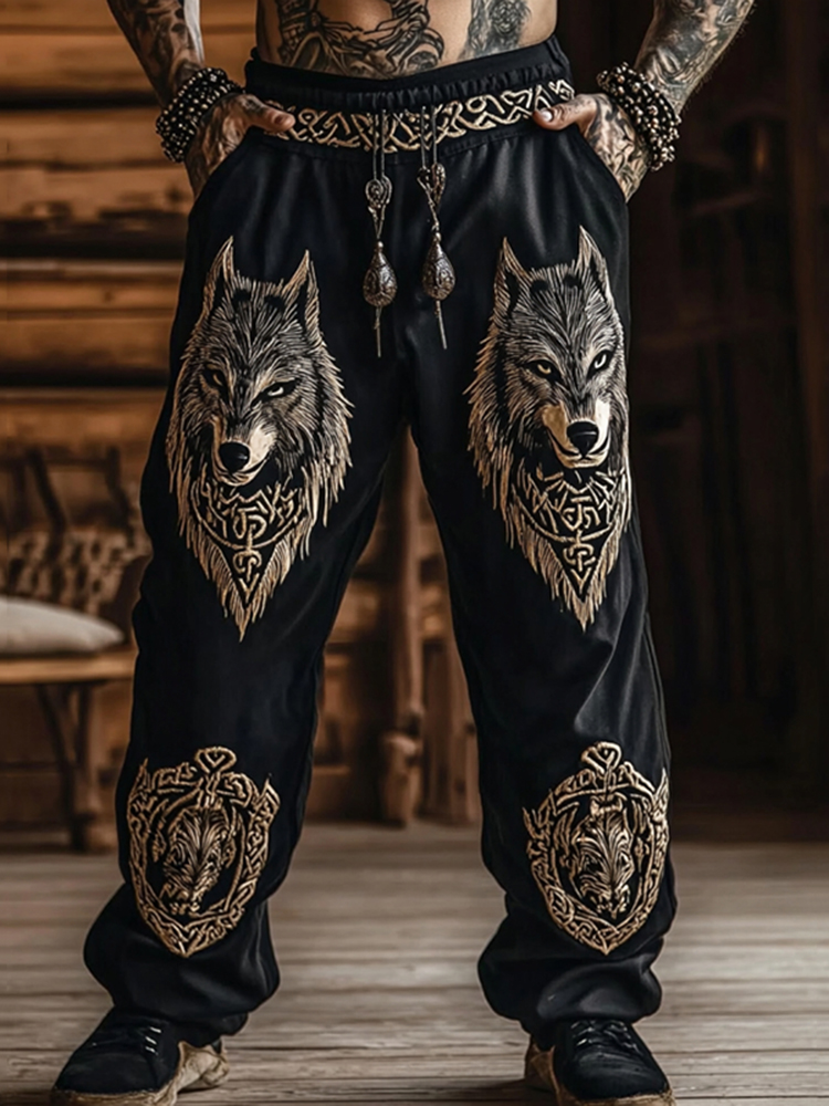 Men's Viking Wolf Printed Linen Casual Pants