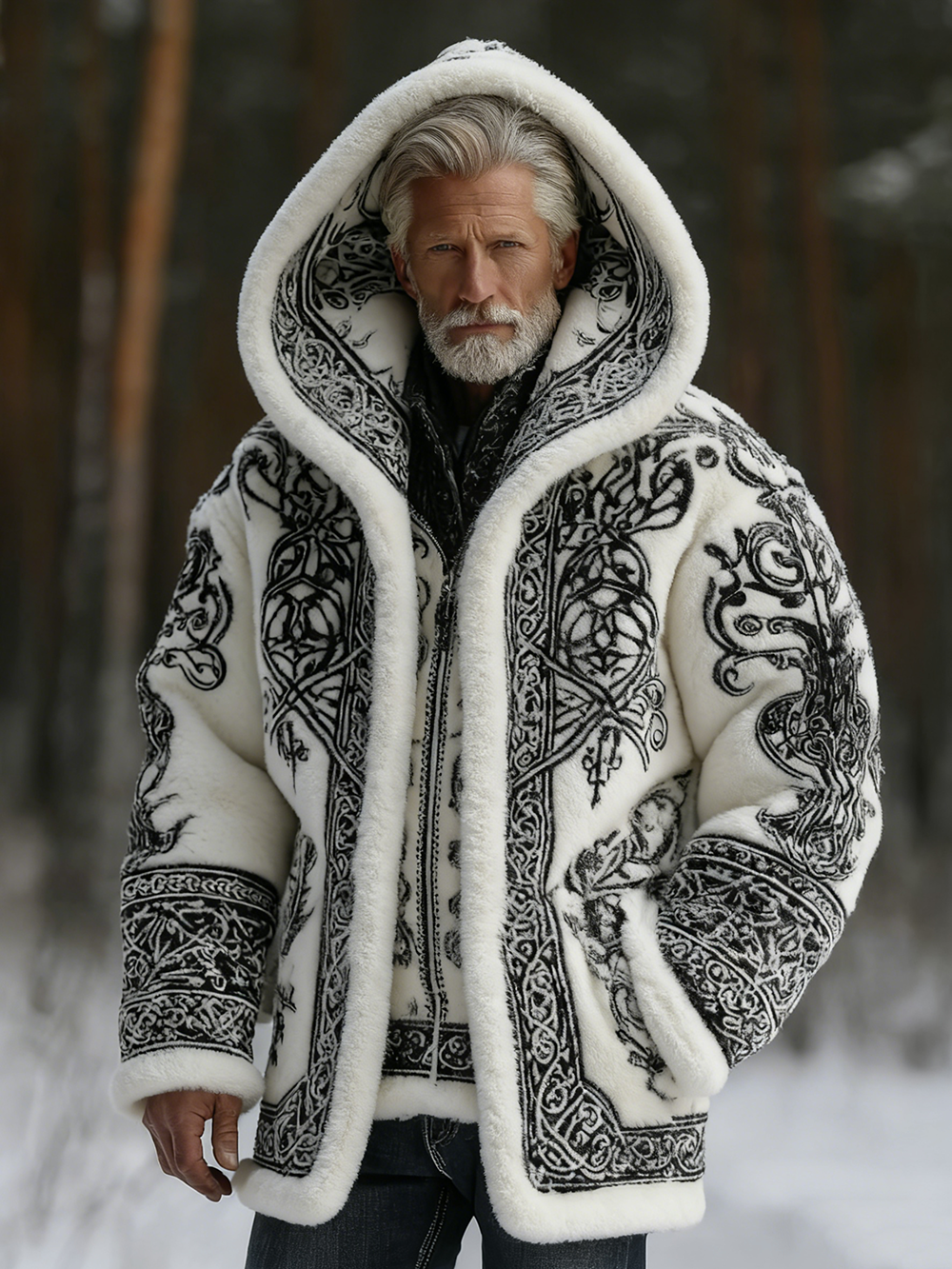 Men's Viking Celtic Pattern Art Flannel Cozy Zipped Hooded Jacket