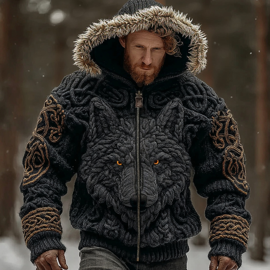 Men's Vintage Viking Wolf Style Celtic Art Cozy Fur Collar Knit Hooded Sweater Jacket