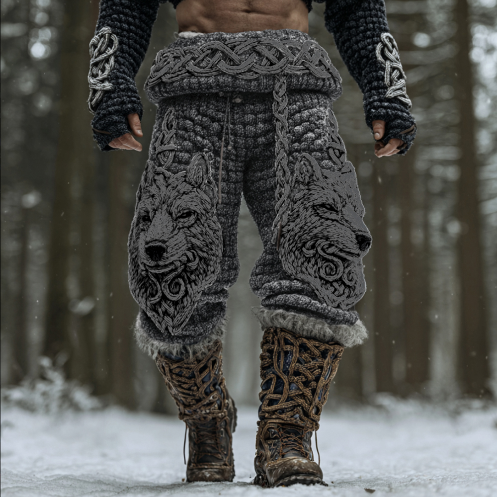 Men's Viking Celtic Knot Wolf Head Embroidery Thick Needle Thick Casual Pants