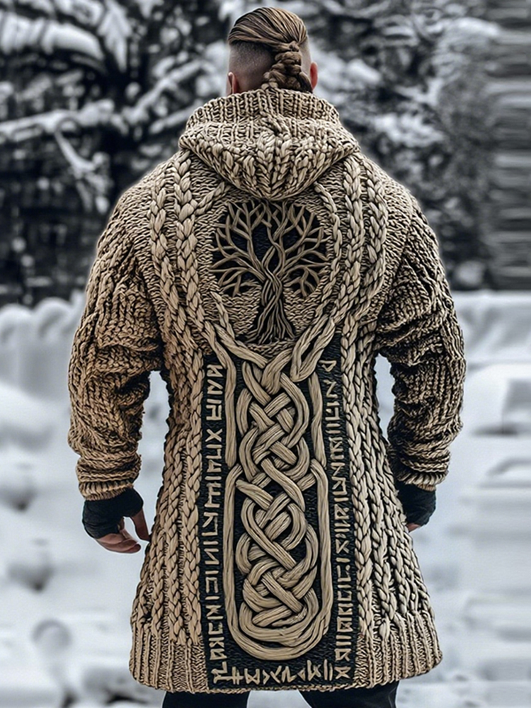 Men's Viking Tribal Jacquard Celtic With Tree Of Life Inspired Chunky Knit Zipped Hooded Sweater