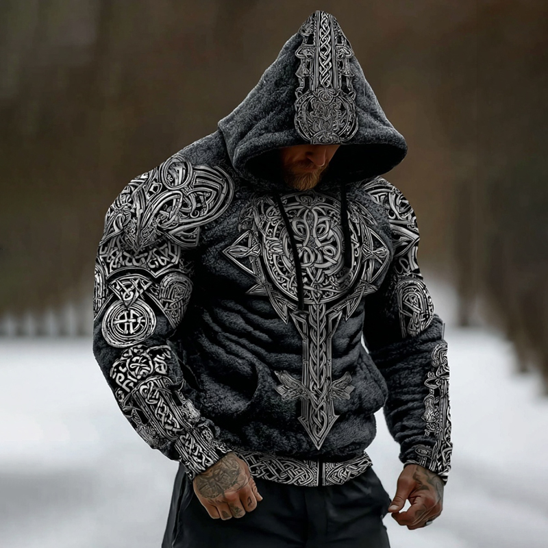 Men's Viking Celtic Pattern Art Cozy Flannel Hooded