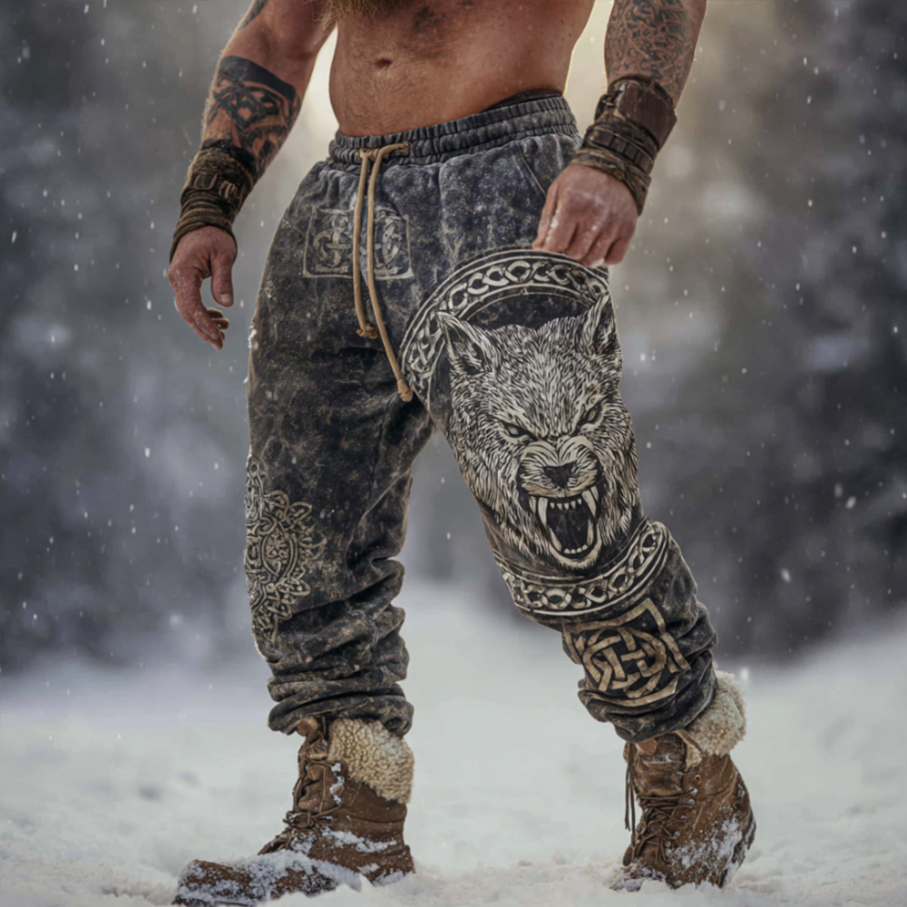 Viking Style Celtic Knot Wolf Leopard Print Dirty Color Sports Pants
