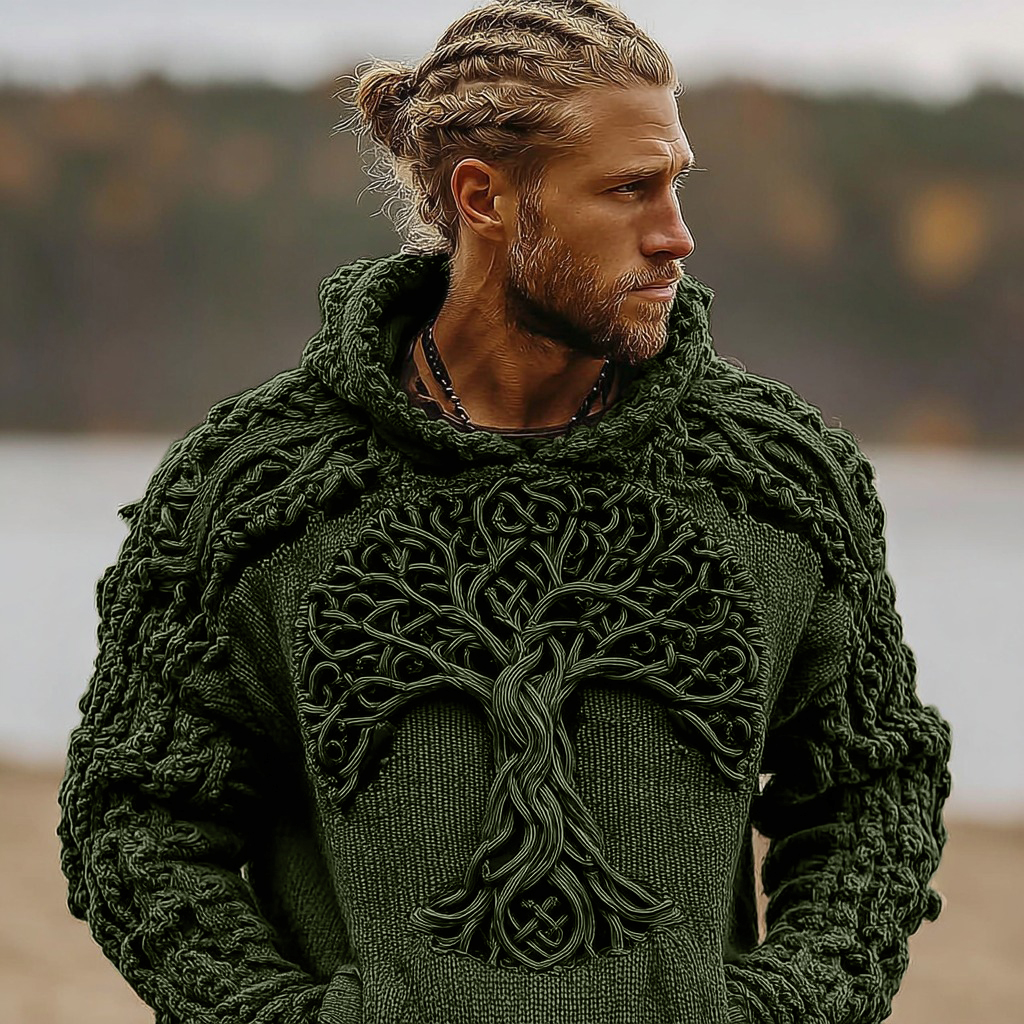 Men's Viking Celtic Knot Tree Of Life Knitted Warm Hooded Sweater