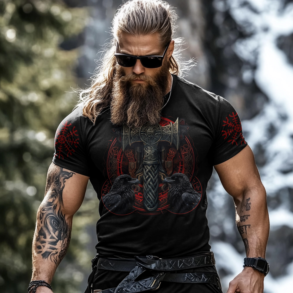 Men's Vintage Viking Raven Rune Print T-shirt