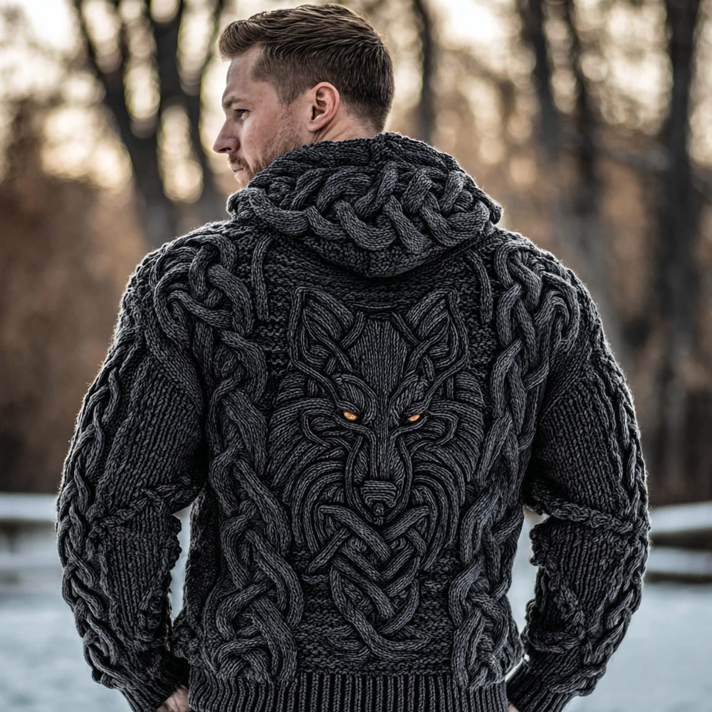 Men's Viking Inspired Celtic Wolf Knit Chunky Hooded Sweater