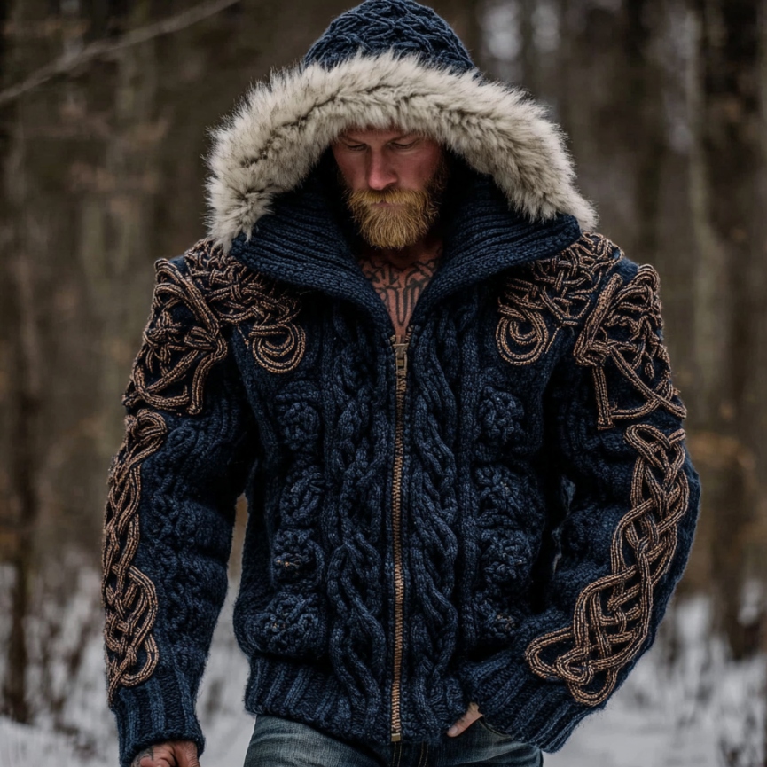 Men's Viking Celtic Knot Art Cozy Fur Collar Knit Hooded Sweater Jacket