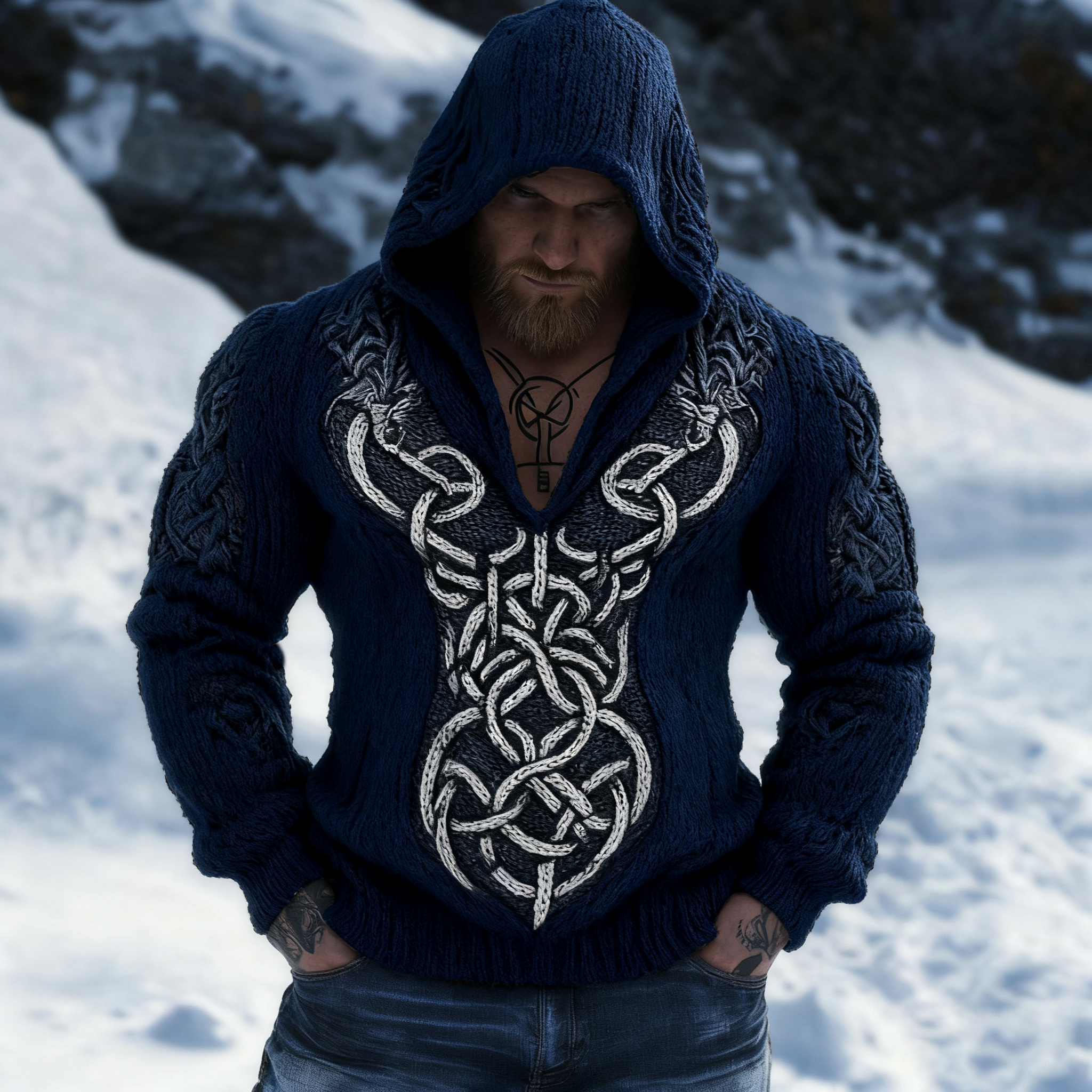 Retro Viking Celtic Jacquard Chunky Hooded Sweater