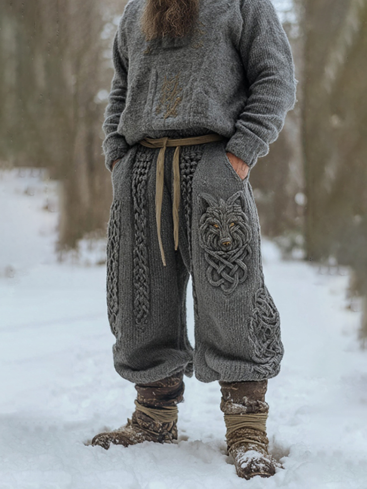 Men's Vintage Viking Celtic Knot Wolf Art Cozy Knit Sweatpants