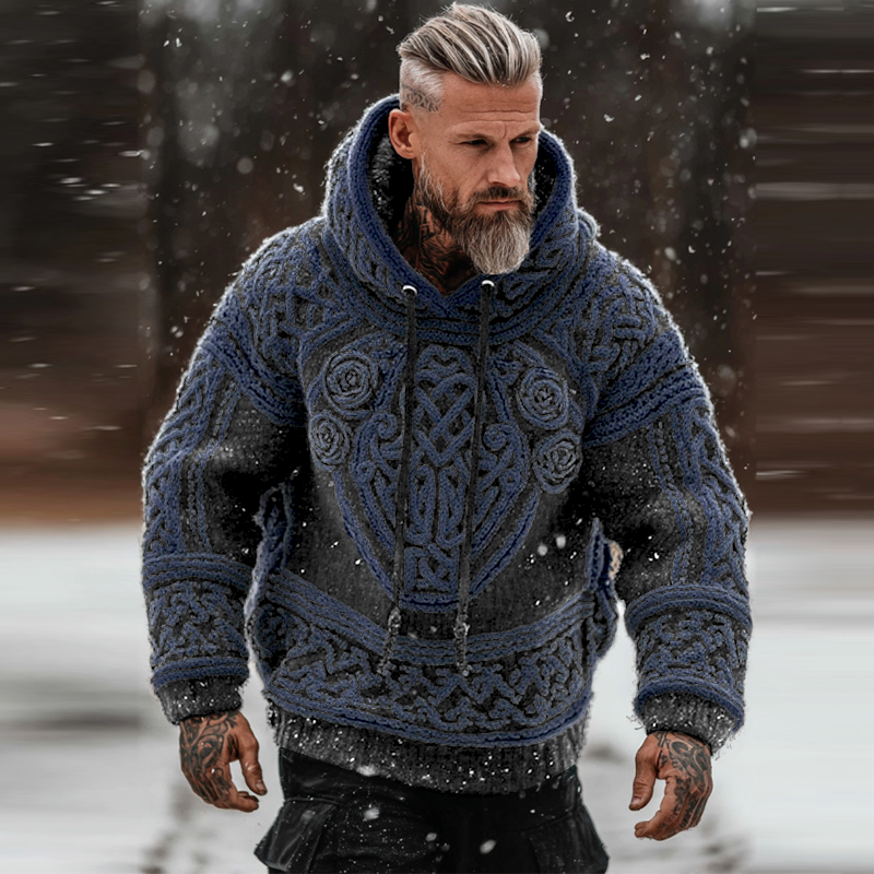 Men's Viking Tribal Jacquard Celtic With Rose Inspired Chunky Knit Hooded Sweater