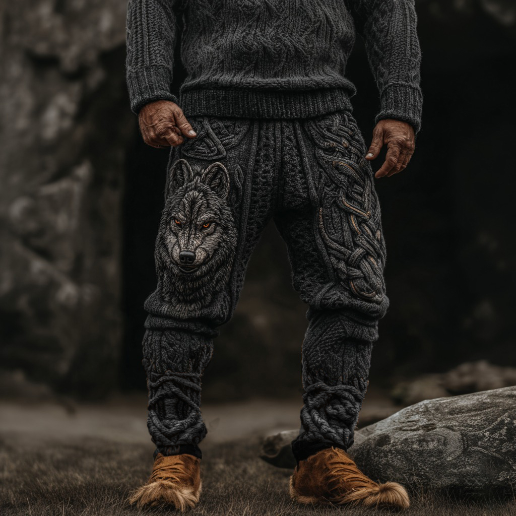 Men's Vintage Viking Wolf Celtic Knot Cozy Chunky Knit Sweatpants