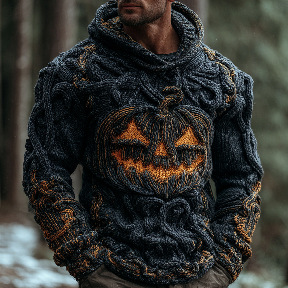 Halloween Pumpkin Emoji Men's Chunky Knit Hooded Sweater