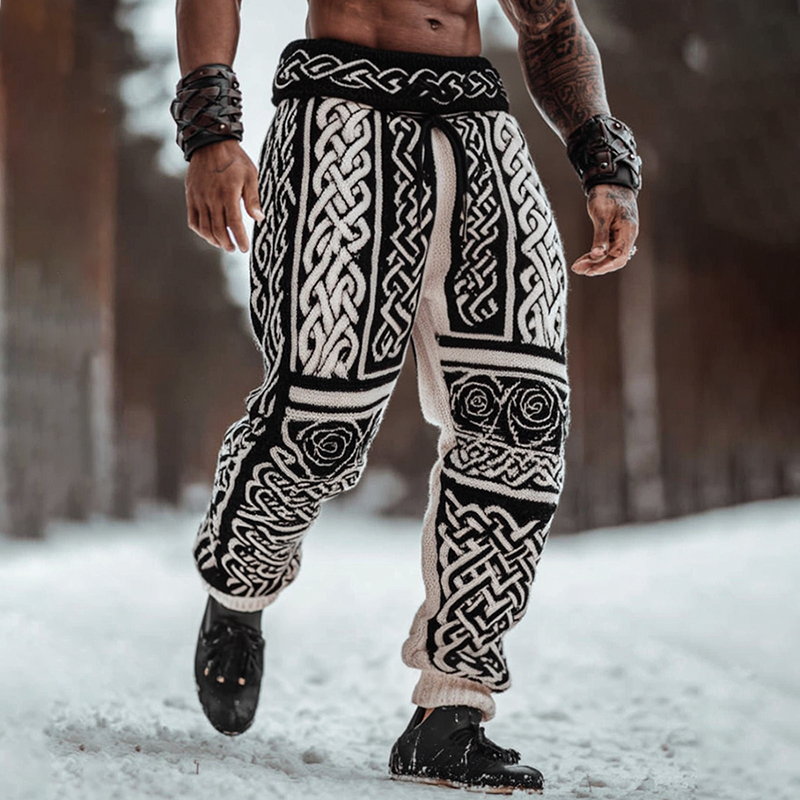 Men's Viking Celtic Knot And Rose Art Knitted Jacquard Thermal Pants