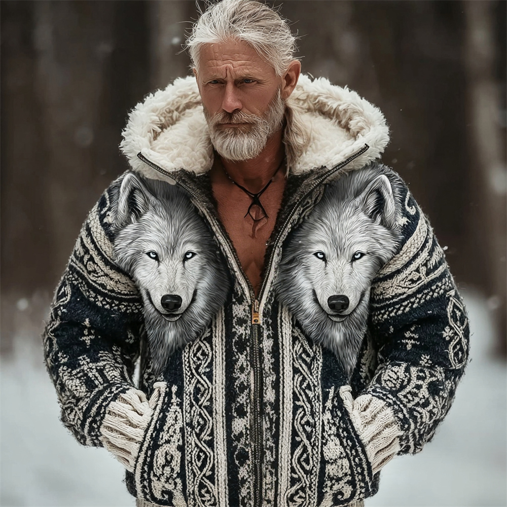 Viking Wolf Head Totem Men's Hooded Full-zip Knit Jacket