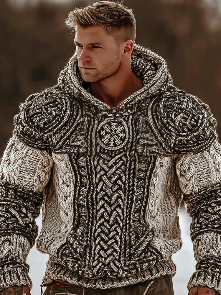Men's Vintage Viking Rune Jacquard Hooded Sweater