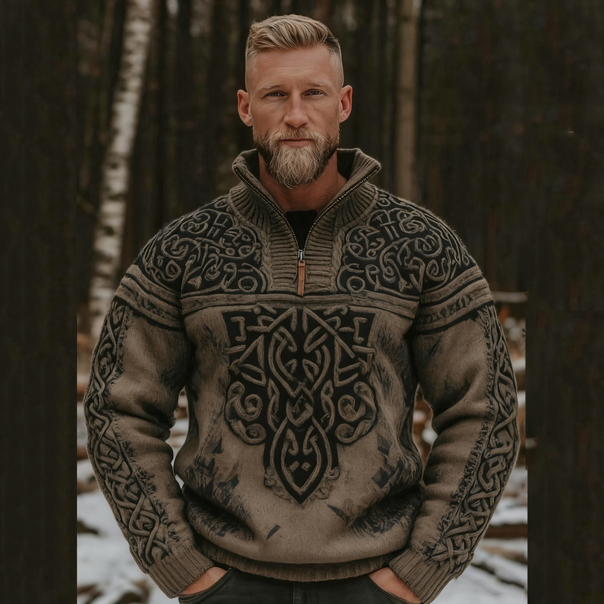 Men's Viking Celtic Art Knit Zipped High Neck Sweater
