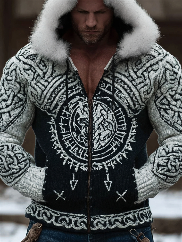 Men's Viking Totem Celtic Contrast Cozy Fur Trim Hooded Cardigan