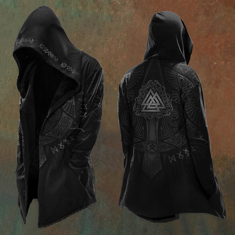 Men's Vikings Mythology Vegvisir Symbol Printed Vintage Hooded Jacket