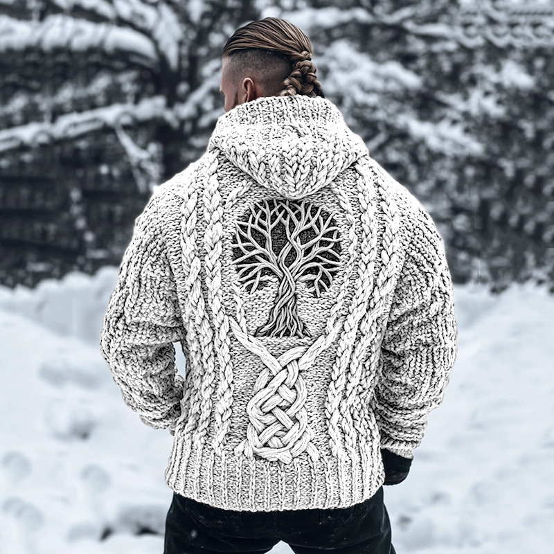 Men's Viking Tribal Tree Of Life Celtic Chunky Knit Hooded Sweater