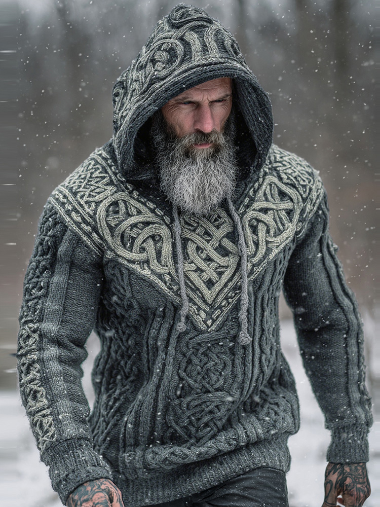 Men's Viking Tribal Jacquard Celtic Knotwork  Inspired Chunky Knit Hooded Sweater