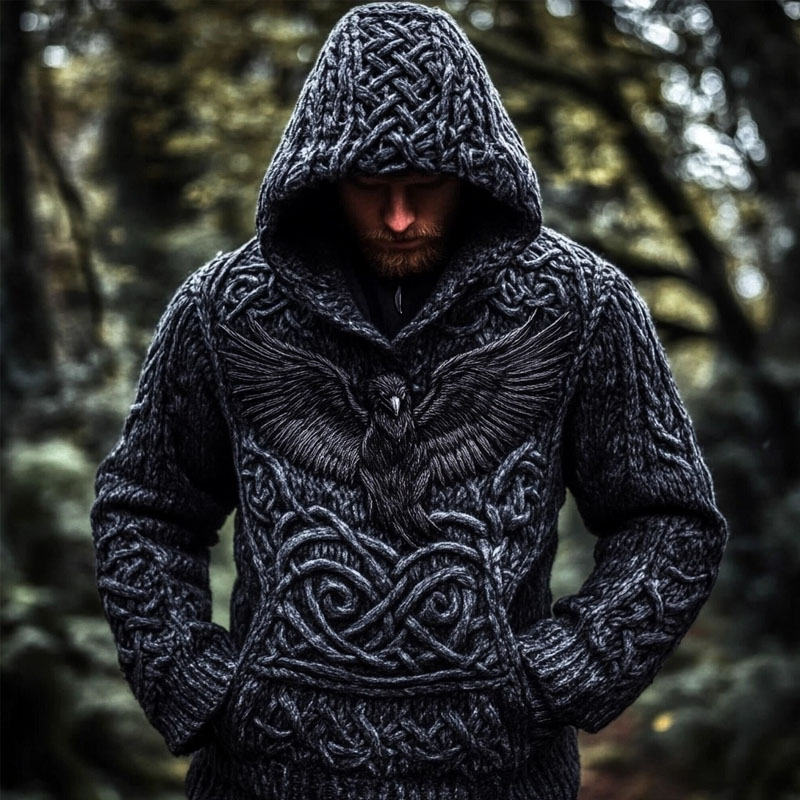 Men's Viking Raven Inspired Celtic Chunky Hooded Sweater