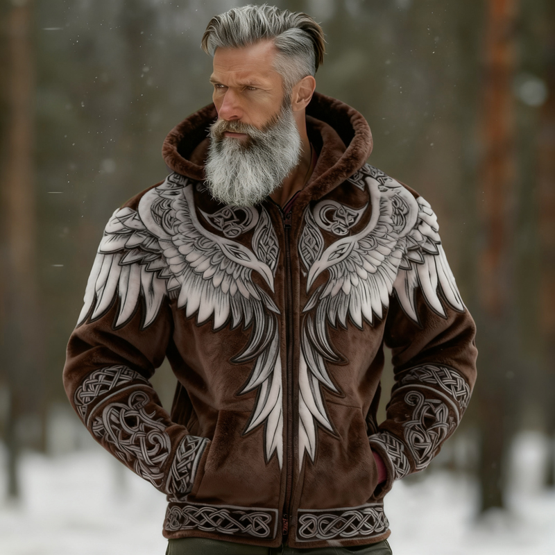 Men's Viking Tribal Jacquard Celtic With Wings Inspired Art Plush Warm Zipped Hooded Jacket