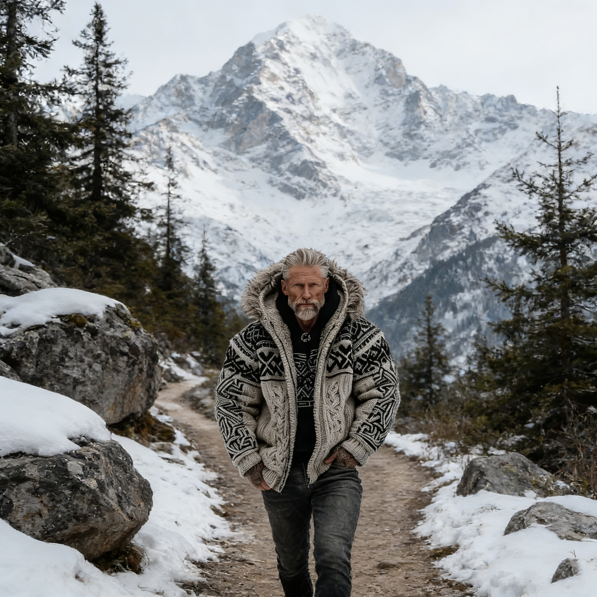 Men's Viking Celtic Art Cozy Fur Collar Knit Hooded Sweater Jacket