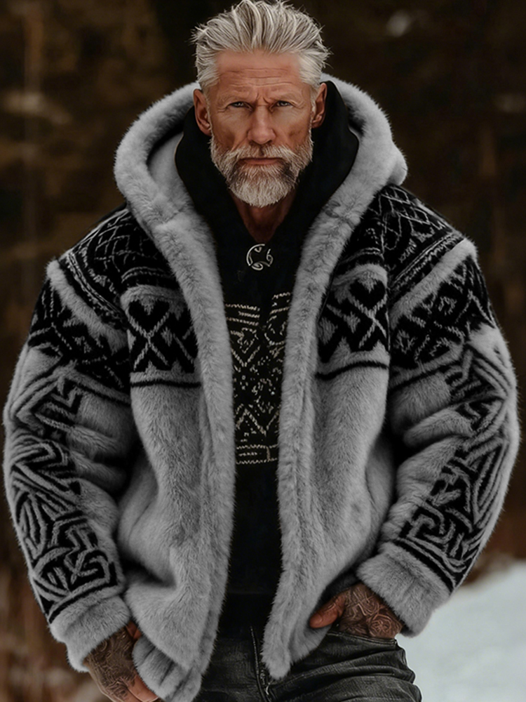 Men's Viking Celtic Art Plush Cozy Warm Zipped Hooded Jacket