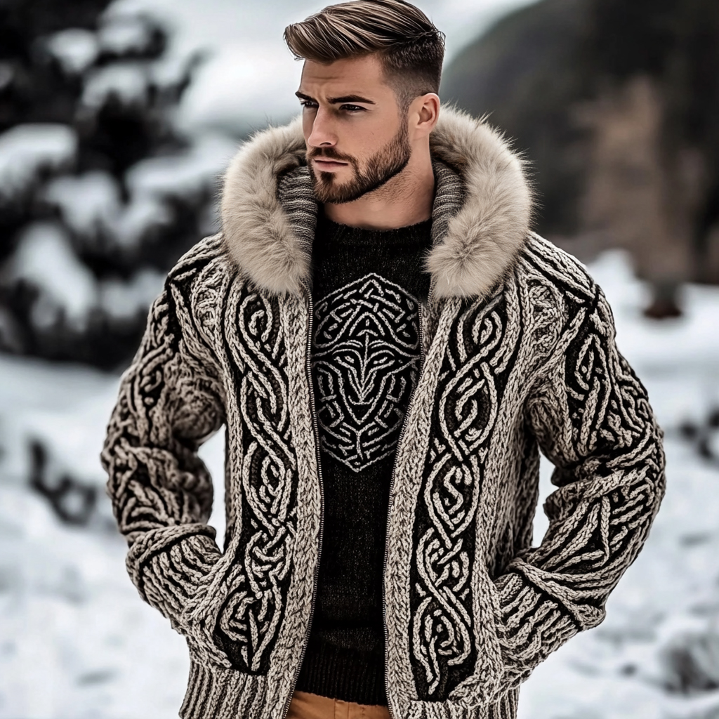 Men's Viking Kyle Style Thickened Fur Collar Zip-up Sweater