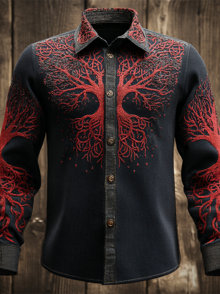 Viking Tree Of Life Embroidered Men's Turn-down Collar Shirt