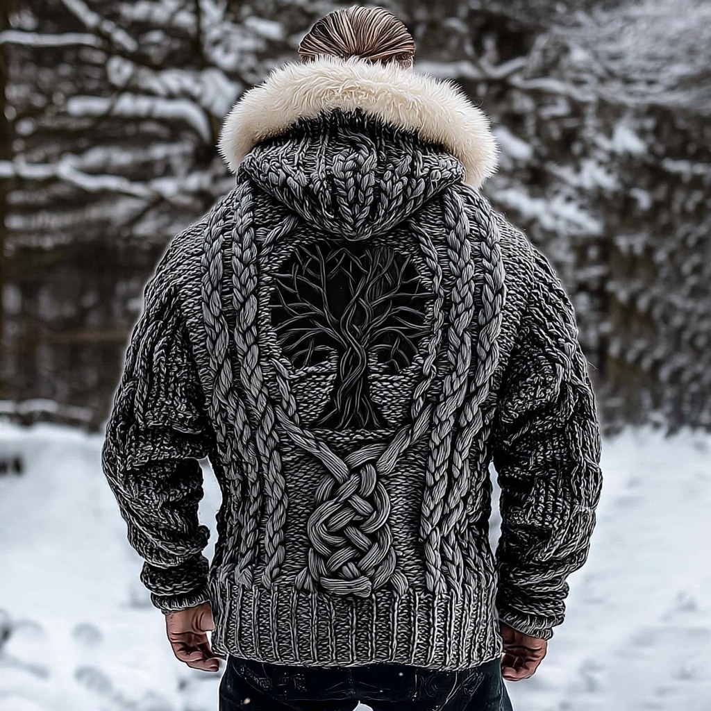 Men's Viking Tribal Tree Of Life Celtic Chunky Knit Fuzzy Hooded Zipper Cardigan