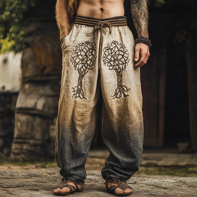 Men's Vintage Viking Tree Of Life Embroidered Gradient Linen Pants