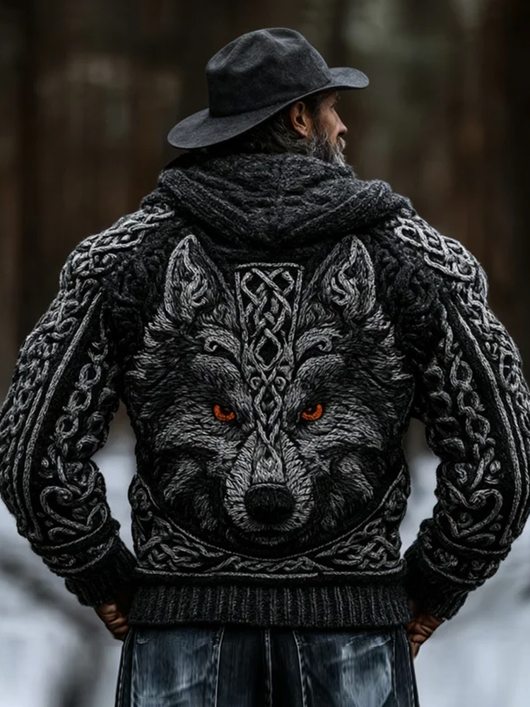 Men's Viking Celtic Knot Wolf Head Embroidery Art Coarse Needle Hoodie Sweater