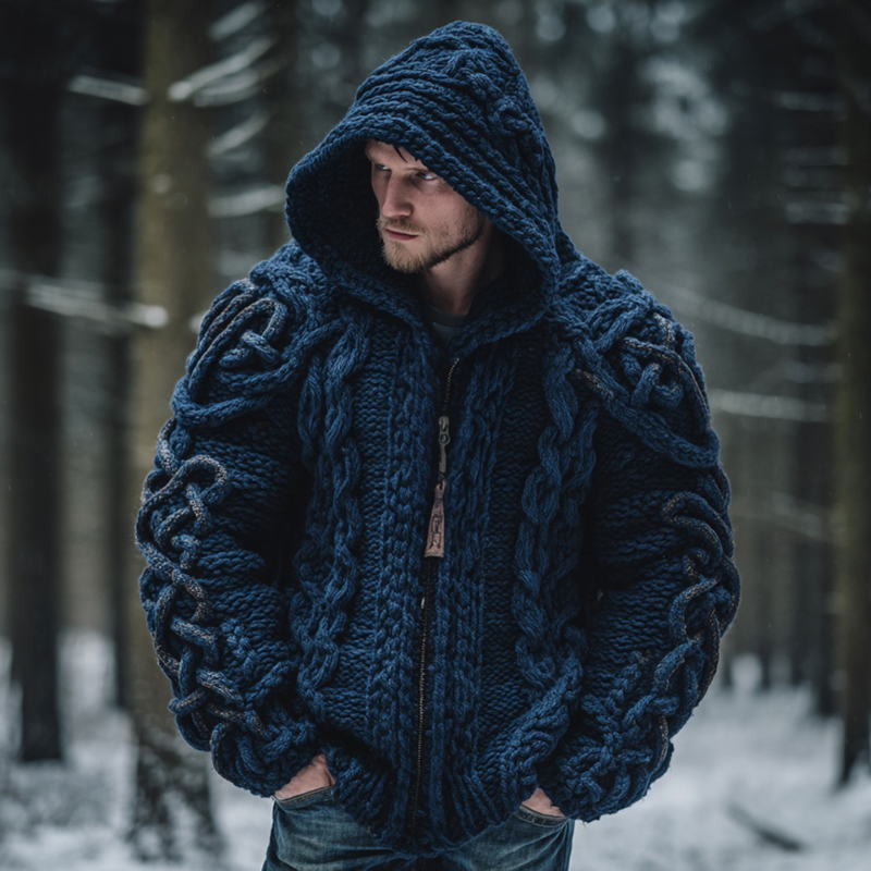 Men's Vintage Viking Celtic Knot Art Zip-up Chunky Knit Hooded Cardigan