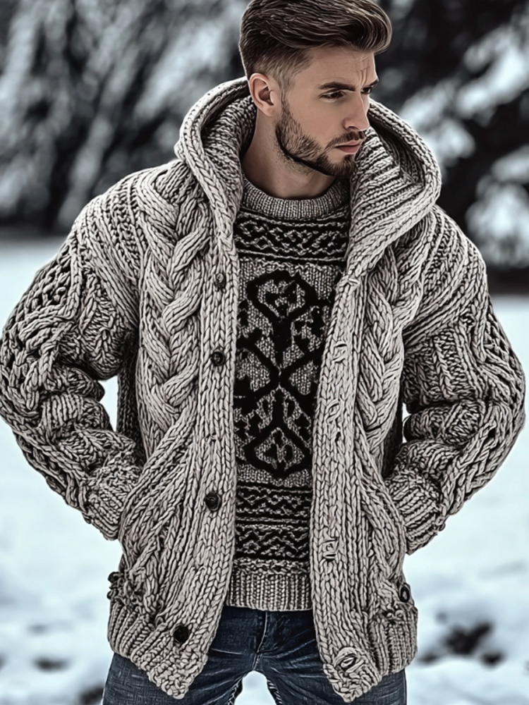 Men's Vintage Casual Viking Knit Hooded Sweater