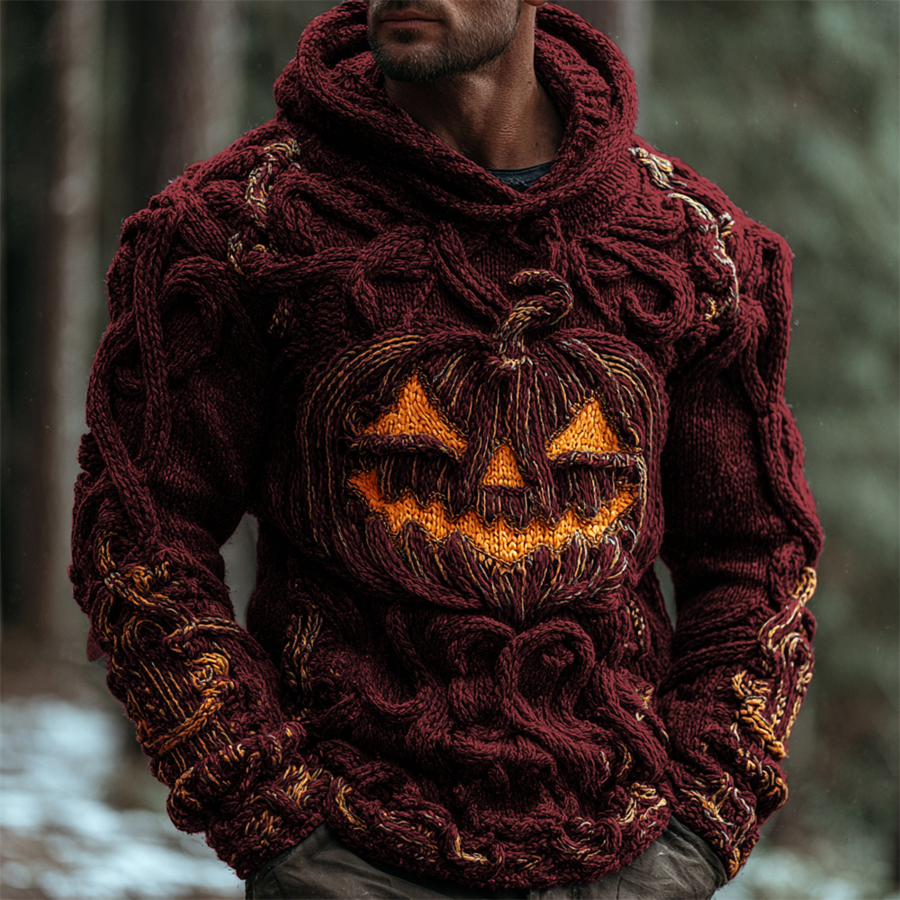 Halloween Pumpkin Emoji Men's Chunky Knit Hooded Sweater