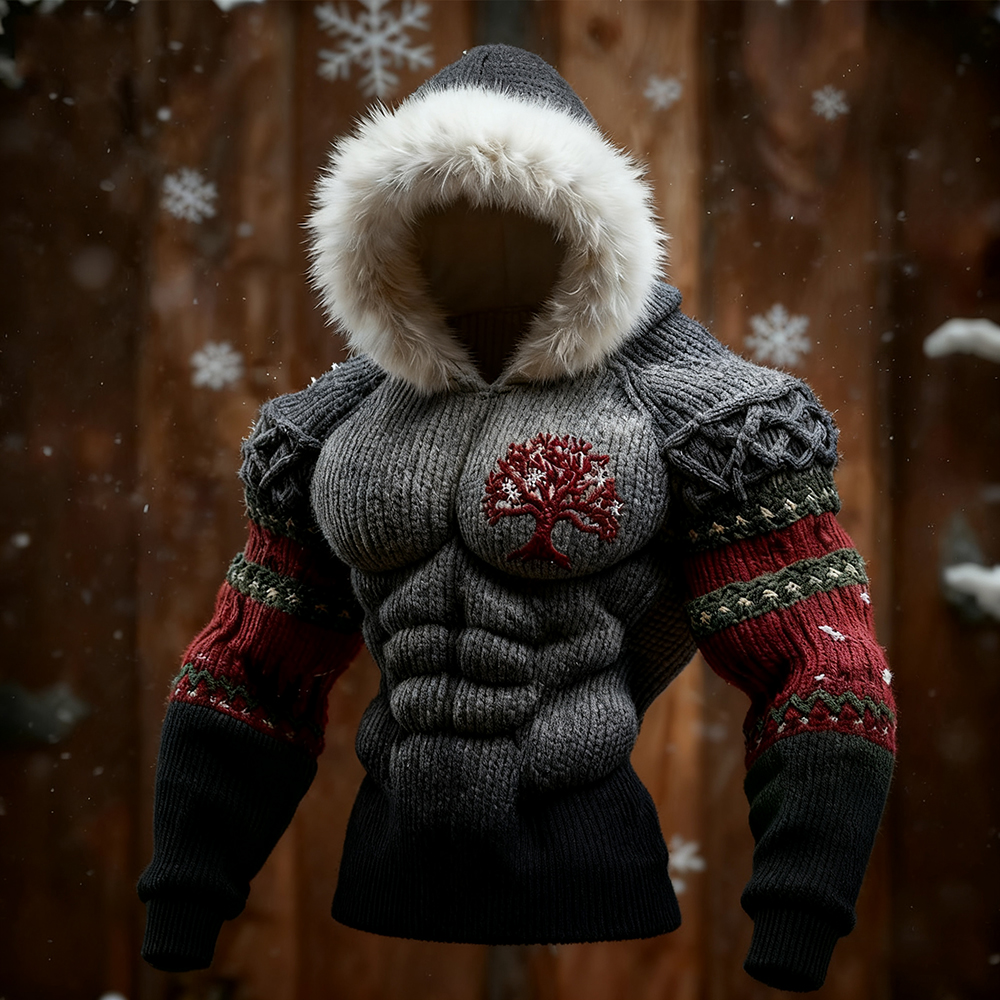 Men's Christmas Viking Tree Of Life Cozy Knit Hooded Sweater