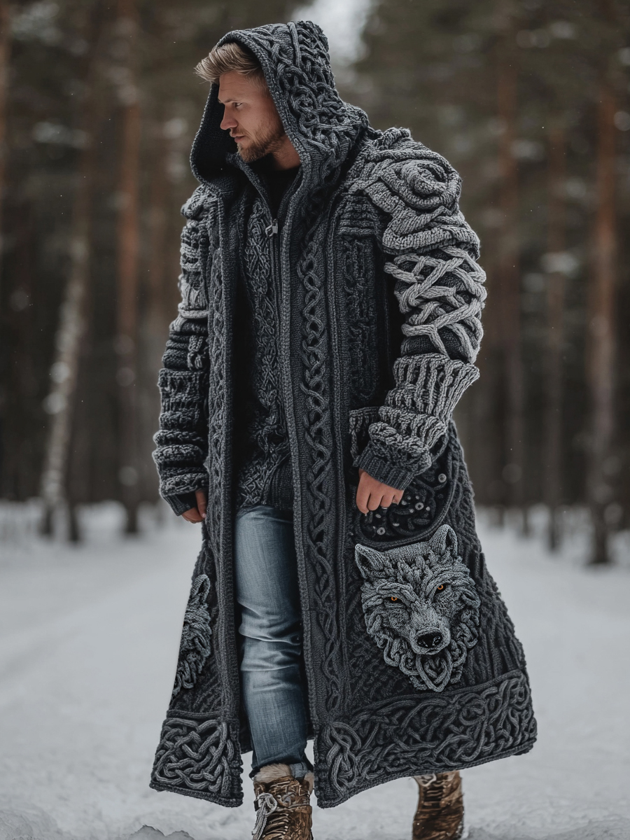 Men's Viking Style Celtic Knot Wolf Head Sweater Cardigan
