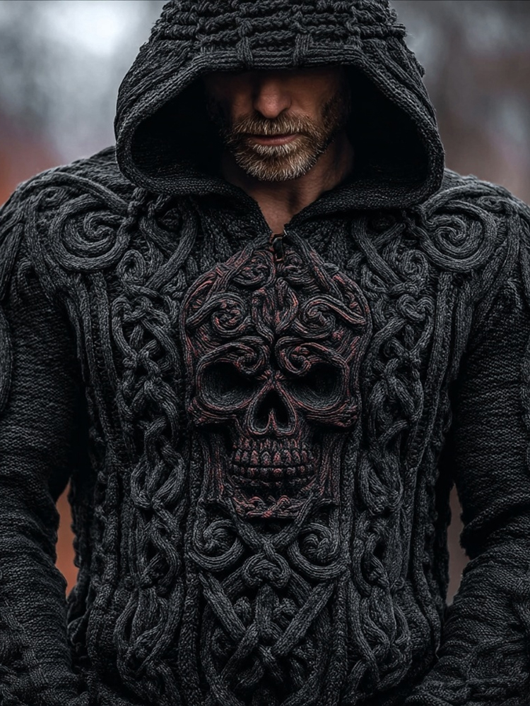 Men's Viking Skull Celtic Jacquard Chunky Hooded Sweater