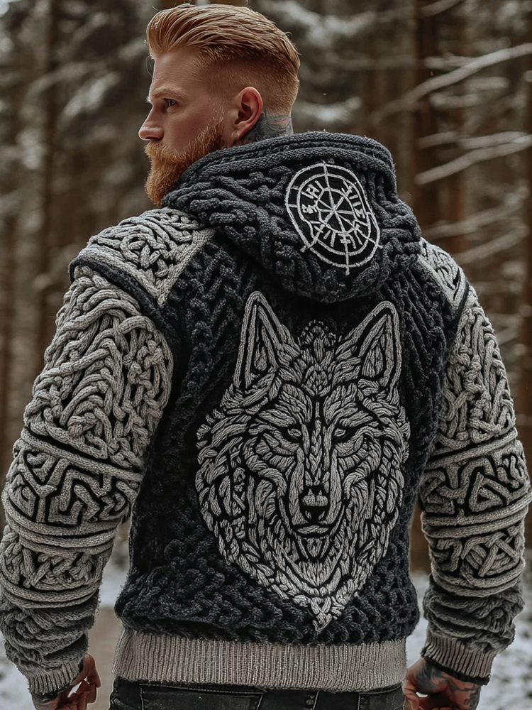 Vintage Viking Celtic Wolf Knot Art Knitted Hooded Sweater