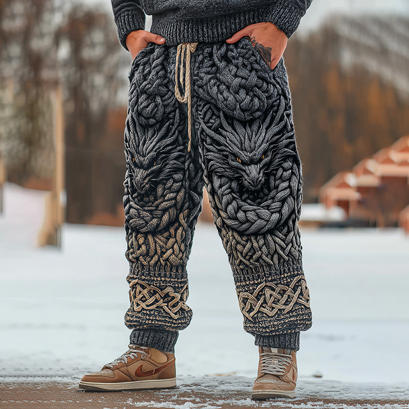 Men's Viking Dragon Celtic Knot Art Wide Leg Warm Knit Pants