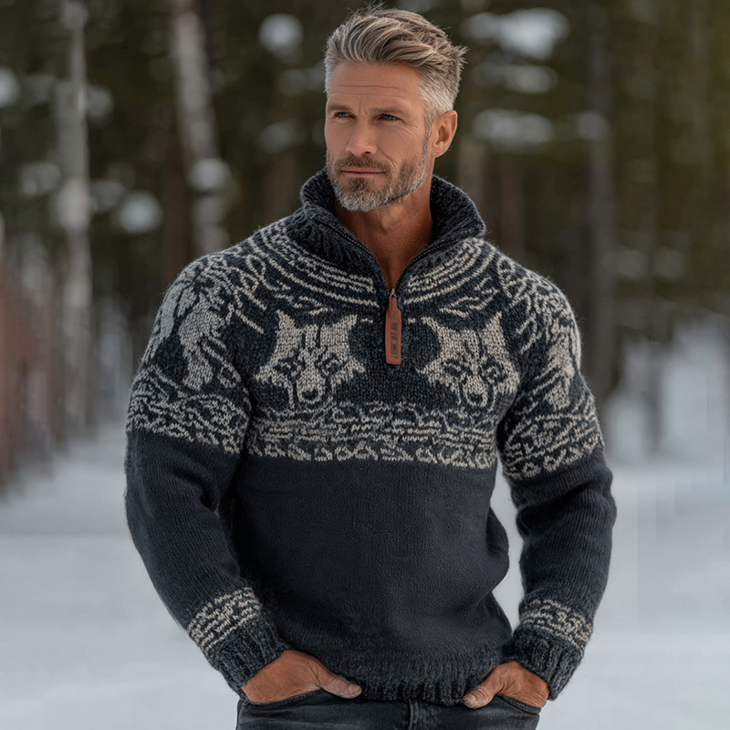 Men's Vintage Viking Wolf Pattern Cozy Knit Half Zipped Sweater