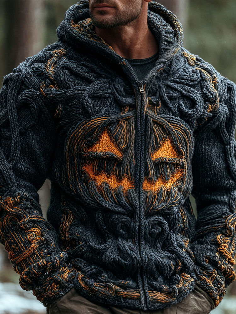 Halloween Pumpkin Emoji Men's Chunky Knit Full Zip Hooded Sweater