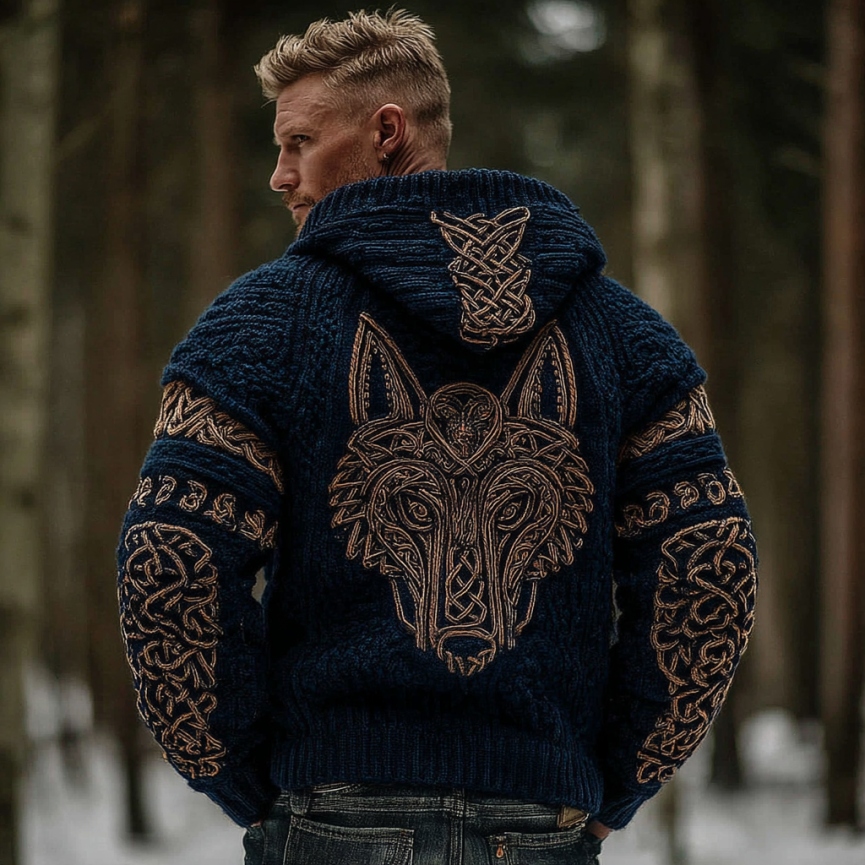 Men's Vintage  Viking Wolf Celtic Knot Art Chunky Knit Hooded Zip-up Sweater