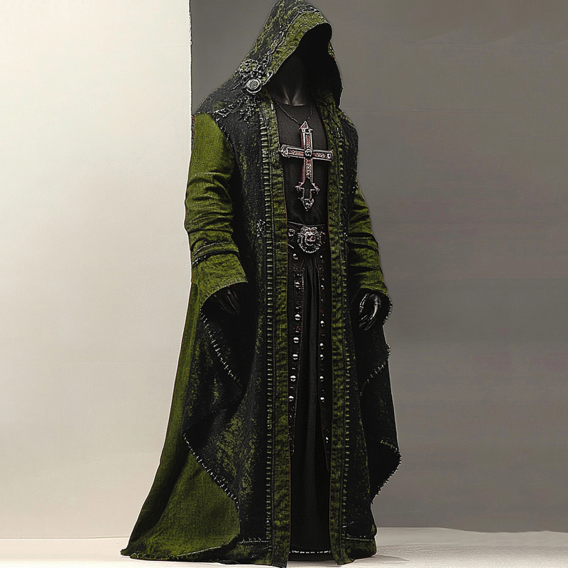 Men's Halloween Gradient Cross Rivet Monk Linen Hooded Cape