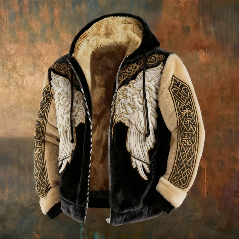 Men's Retro Celtic Knot And Wing Art Plush Coat