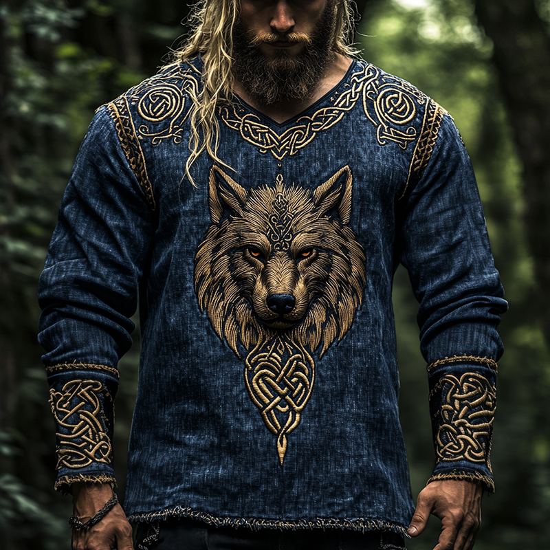 Men's Vintage Viking Wolf Print V-neck Long Sleeve Linen Blend T-shirt