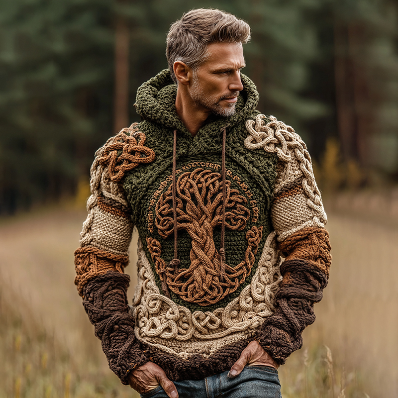 Men's Vintage Viking Tree Of Life Celtic Knot Pattern Knit Hooded Sweater