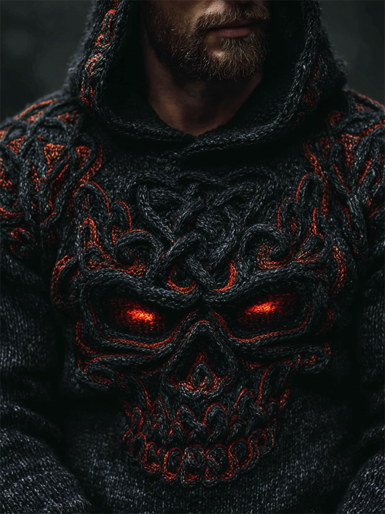 Men's Halloween Skull Celtic Knot Chunky Cozy Knit Hooded Sweater