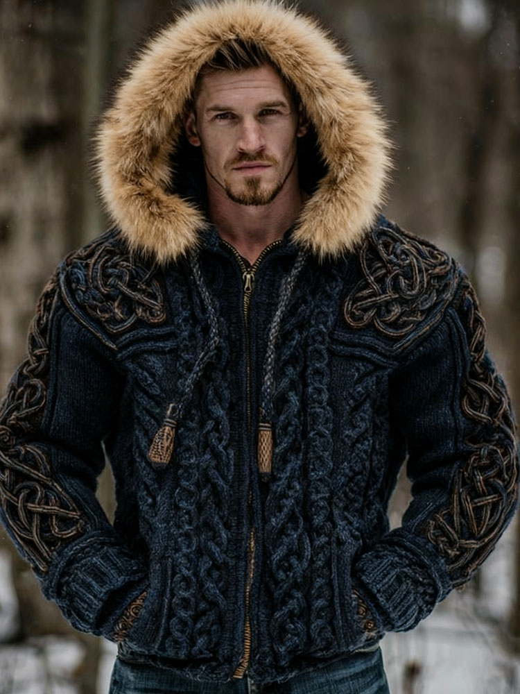 Men's Viking Celtic Knot Art Chunky Knit Fur Collar Hooded Zipper Cardigan